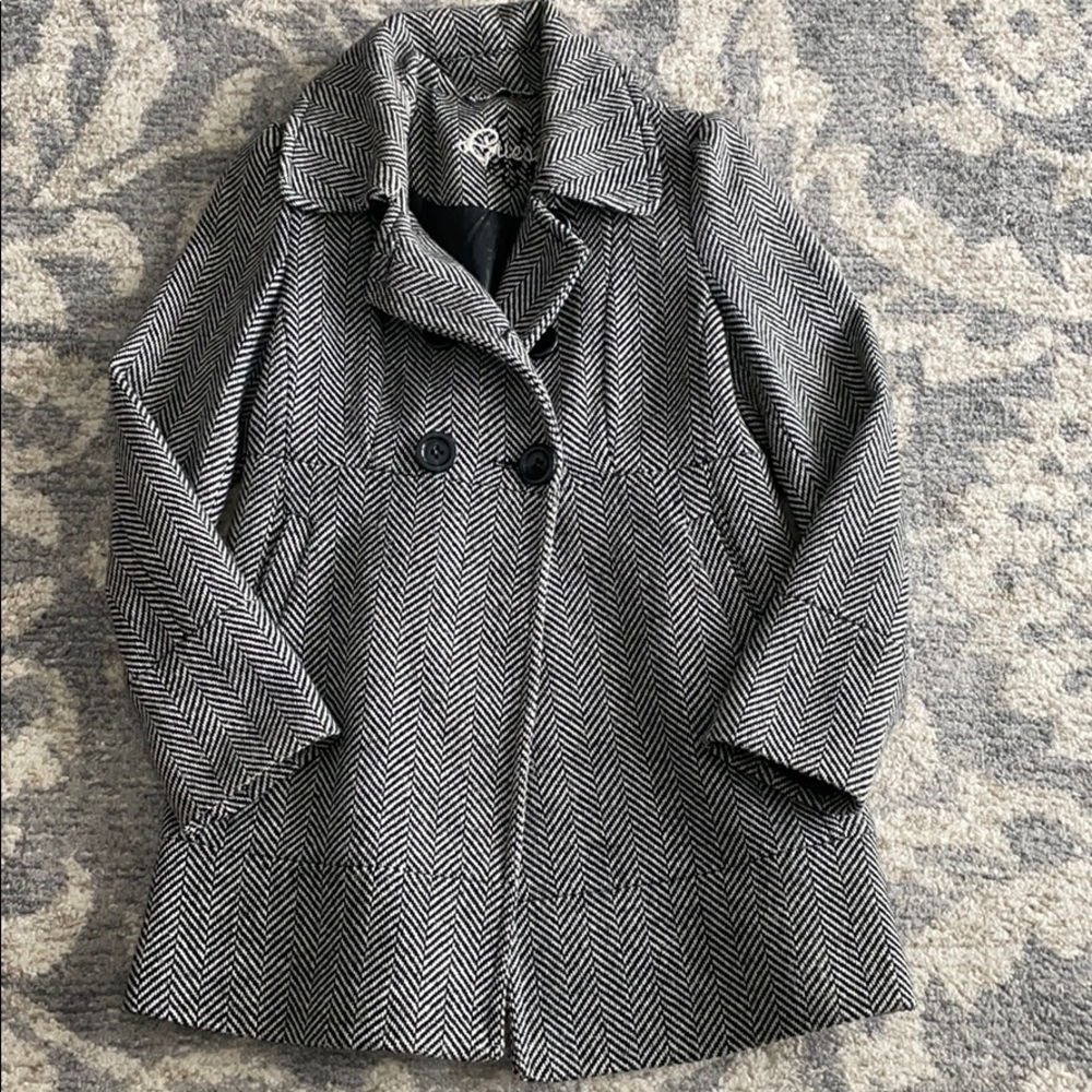 Guess black and white herringbone wool coat